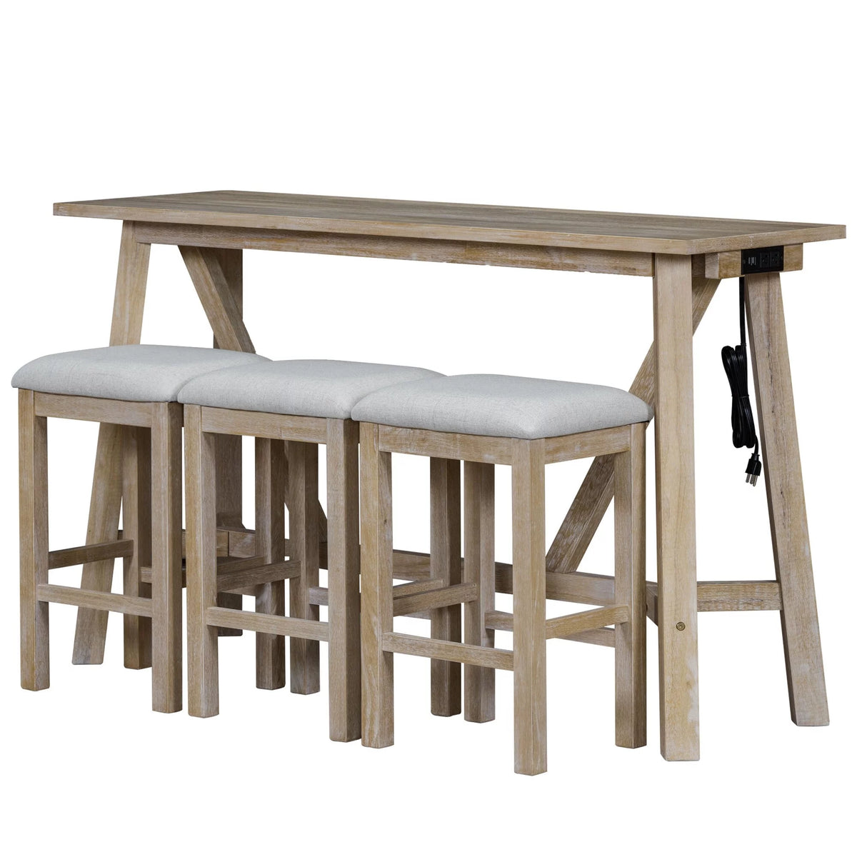 Natural Wood Wash Kitchen Bar Table Set with Upholstered Stools H71063