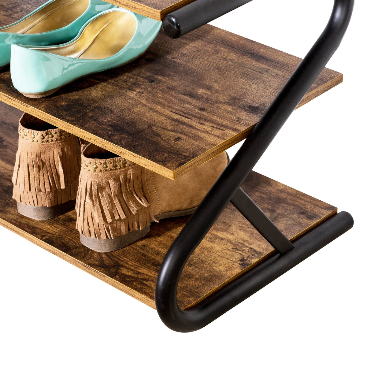 3-Shelf Wooden Shoe Rack with Matte Black Metal X7564