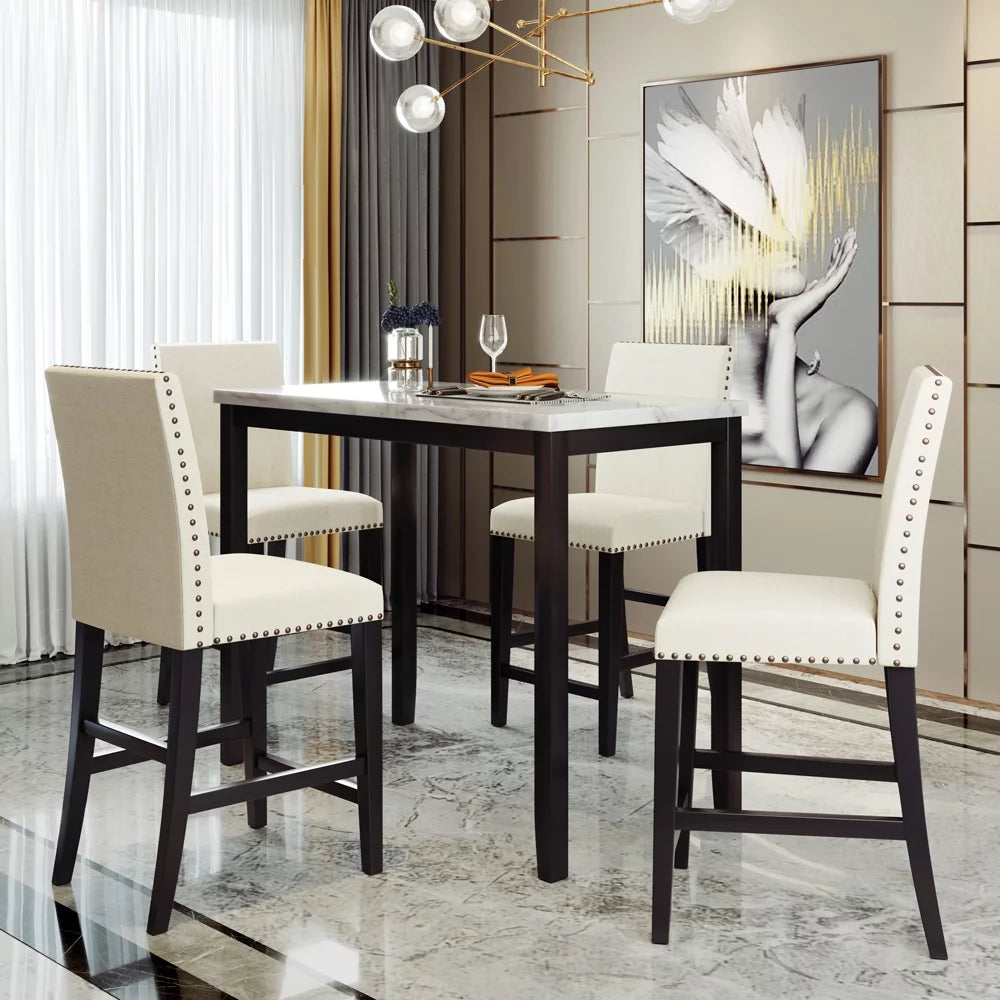 5 Pieces Counter Height Faux Marble Dining Set with 4 Upholstered Chairs O961409
