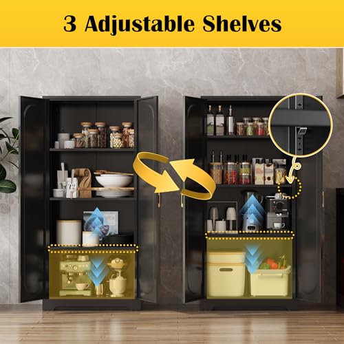 Black Metal Pantry Cabinet with Doors and 4 Adjustable Shelves Q417