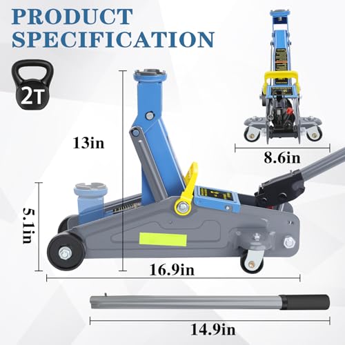 2-Ton Hydraulic Trolley Floor Jack Combo with 2 Jack Stands, Blue J324