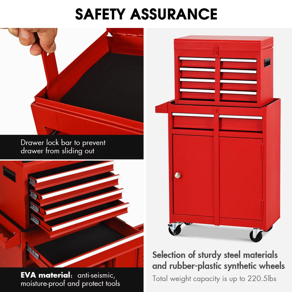 2 in 1 Tool Chest & Cabinet with 5 Sliding Drawers Red H469132