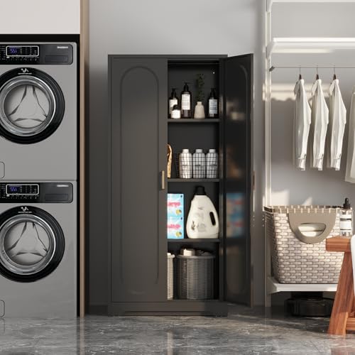 Black Metal Pantry Cabinet with Doors and 4 Adjustable Shelves Q417