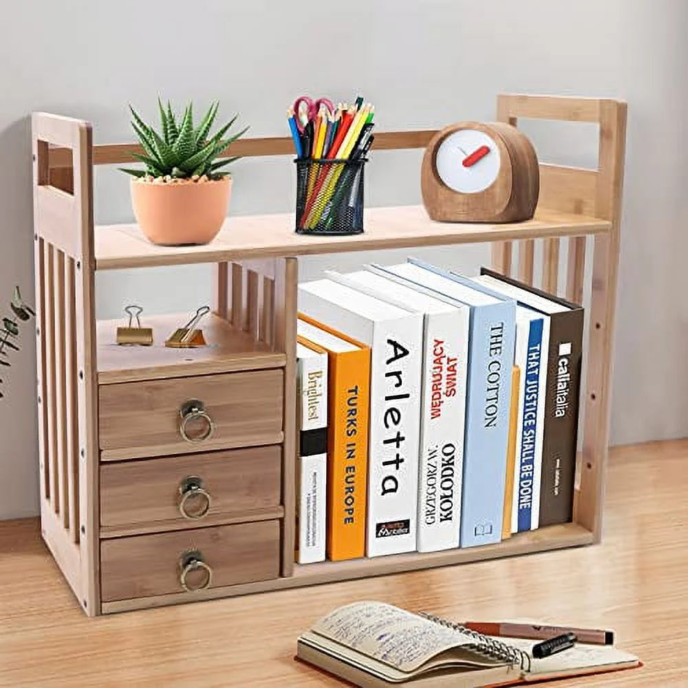 Bamboo Desktop Bookshelf Organizer with 3 Drawers U835
