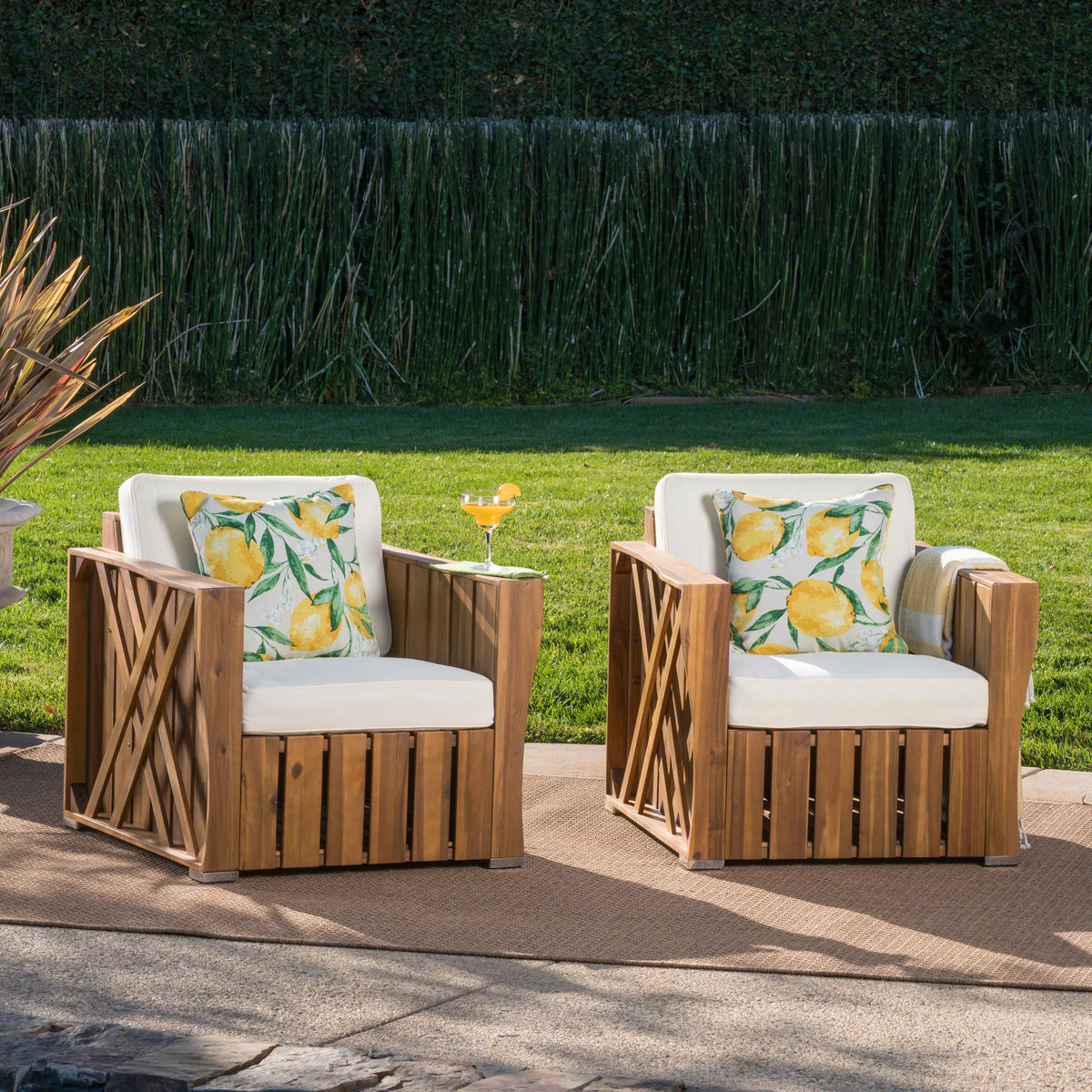Acacia Wood Club Chairs with Cushions, Set of 2 K2300