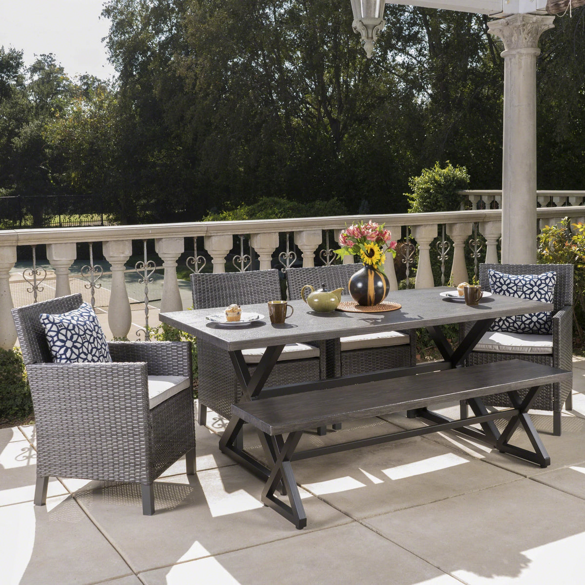 Outdoor Wicker and Aluminum 6 Piece Dining Set with Bench D9506