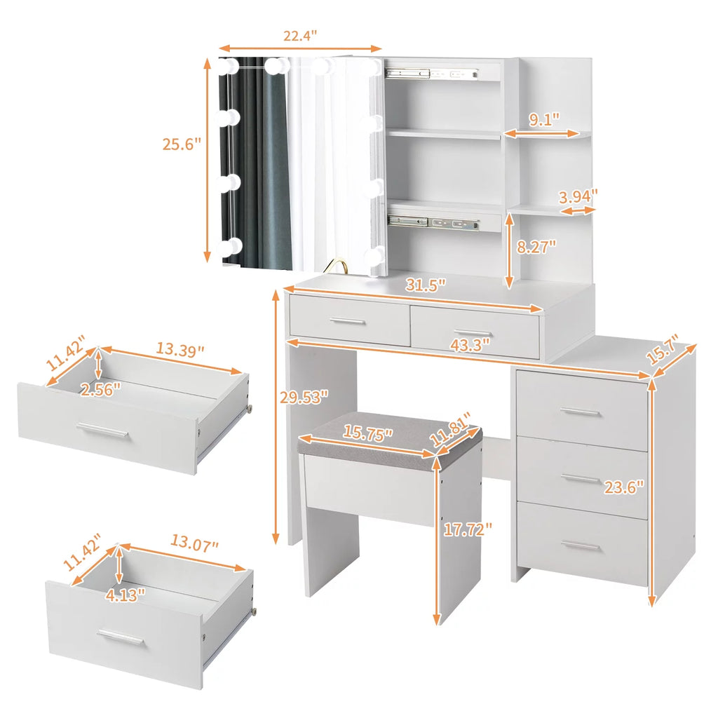 Modern Vanity Table Set with Lighted Mirror, 5 Drawer White G81404