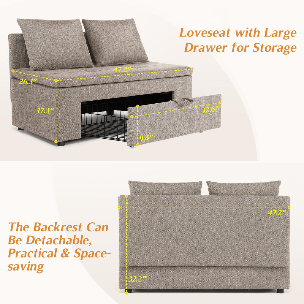 Brown Linen Loveseat Sofa with Storage Drawer E18988