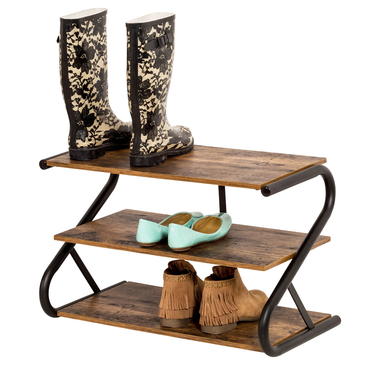 3-Shelf Wooden Shoe Rack with Matte Black Metal X7564