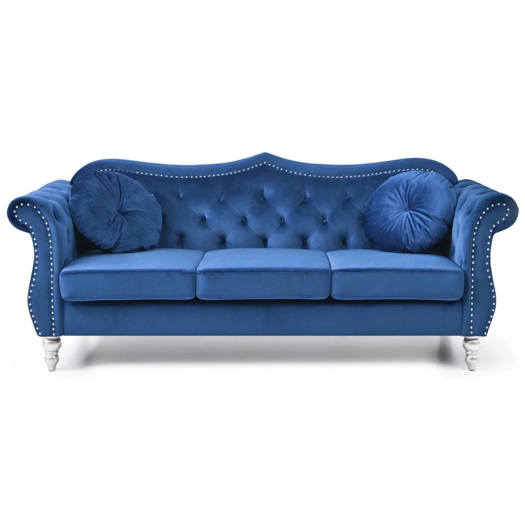 Navy Blue Velvet 3-Seater Sofa with 2-Throw Pillow A875
