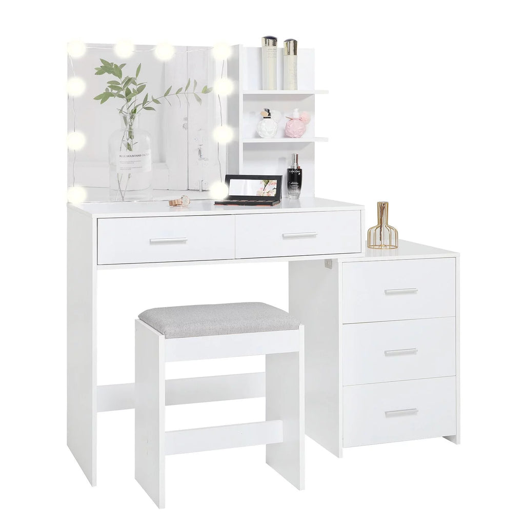 Modern Vanity Table Set with Lighted Mirror, 5 Drawer White G81404