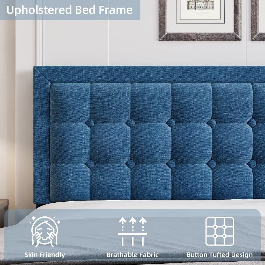 Full Size Blue Upholstered Platform Bed with Tufted Headboard M934