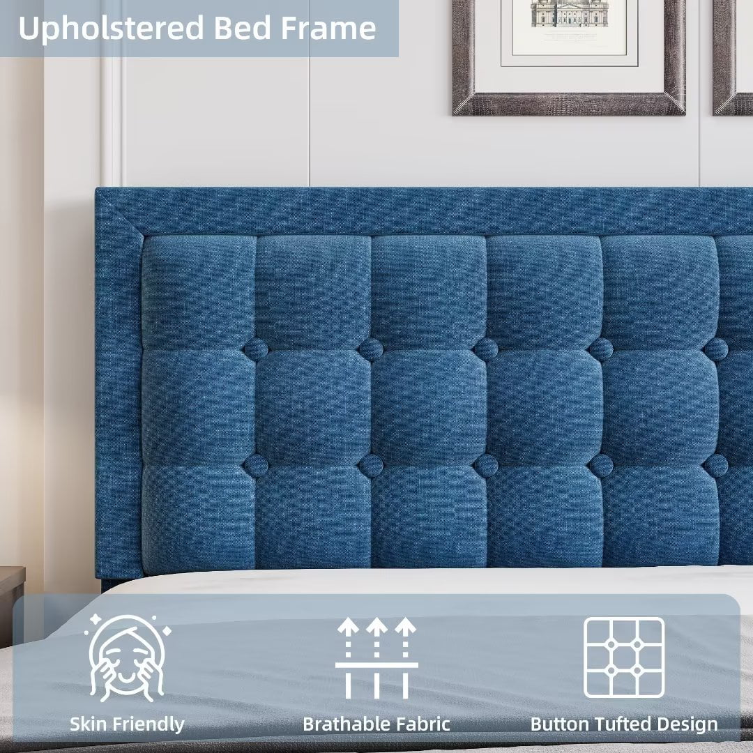 Full Size Blue Upholstered Platform Bed with Tufted Headboard M934