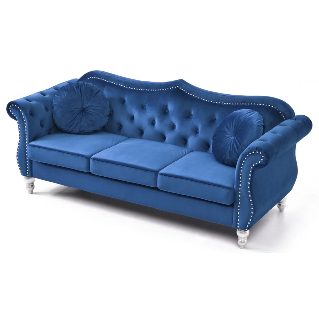 Navy Blue Velvet 3-Seater Sofa with 2-Throw Pillow A875