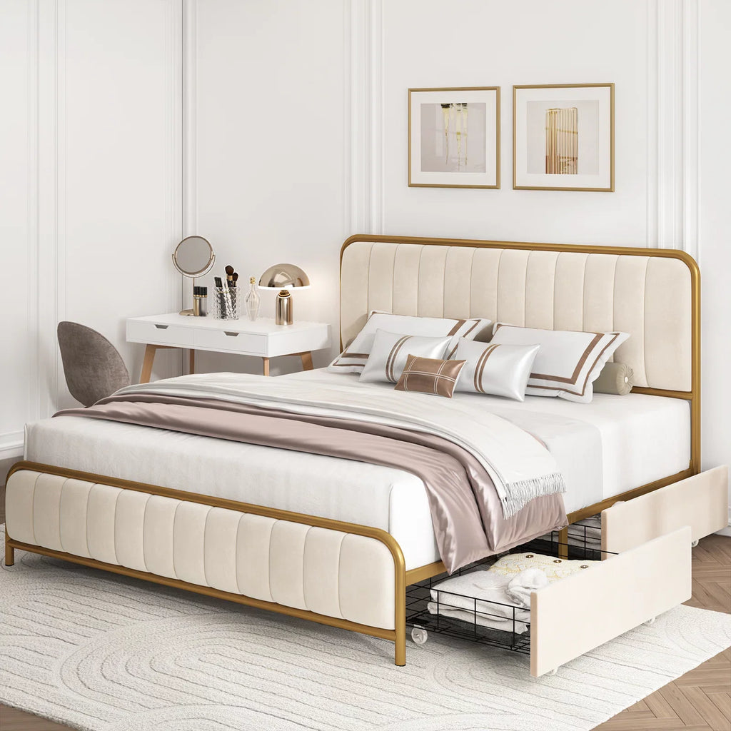 King Size 4 Drawer Gold Platform Bed with Tufted Headboard I992603