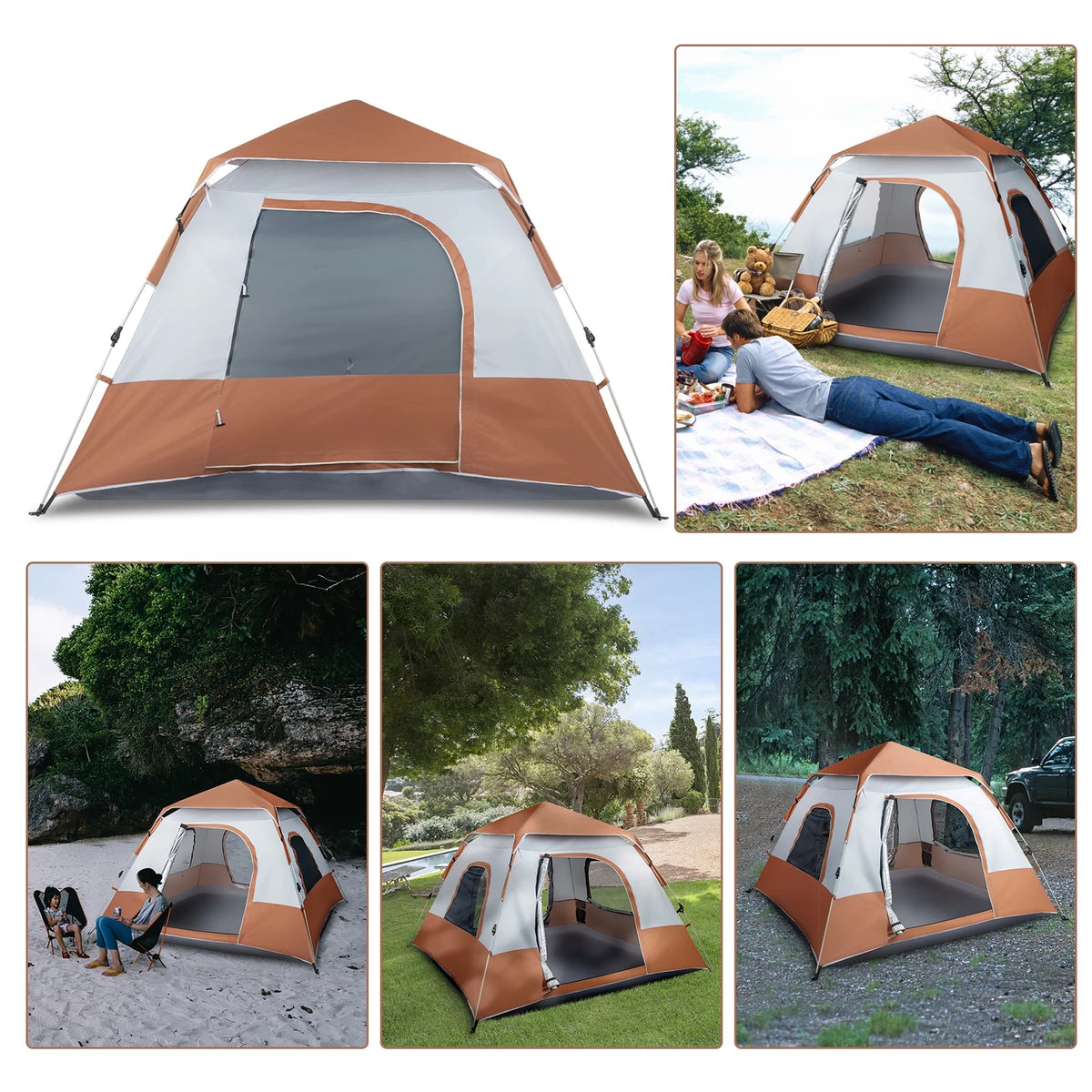 4 Person Waterproof Brown Camping Tent J1097