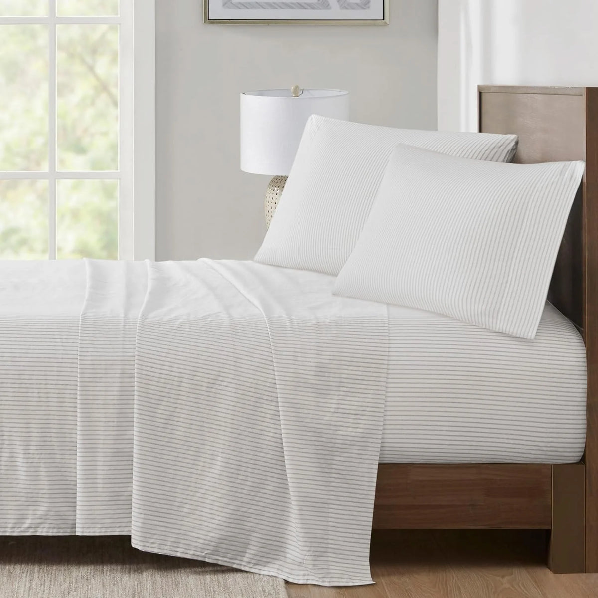 100% Cotton King Gray Stripes 4 Piece Sheet Set C7465