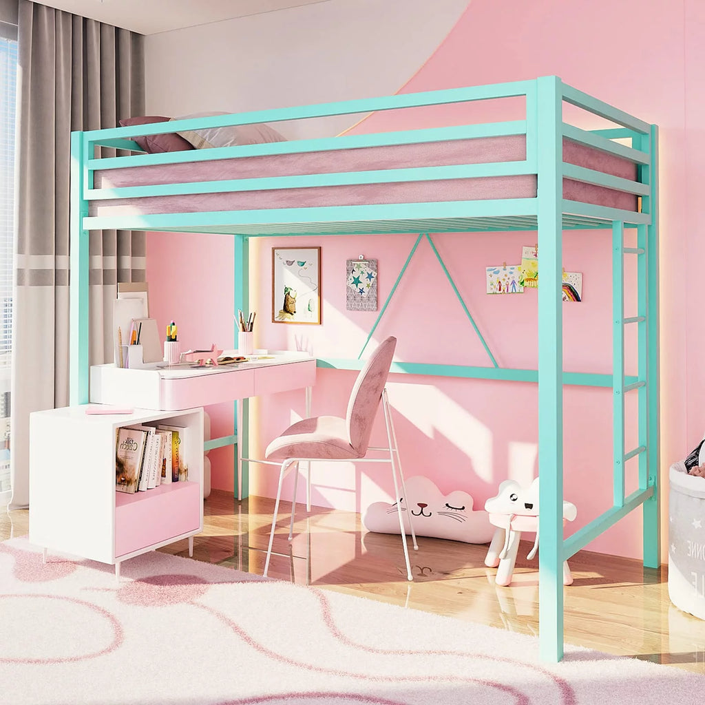Twin Size White Loft Bed with Metal Ladder T181426
