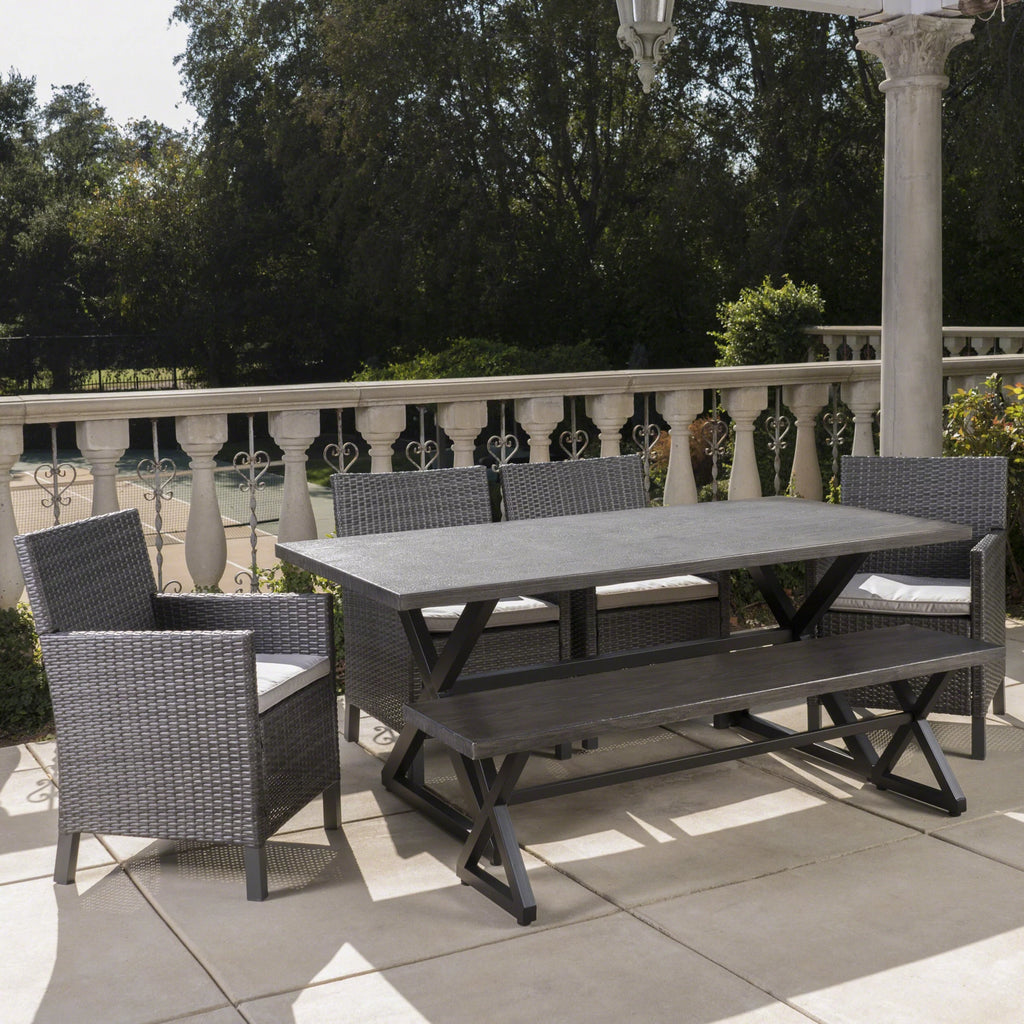 Outdoor Wicker and Aluminum 6 Piece Dining Set with Bench D9506