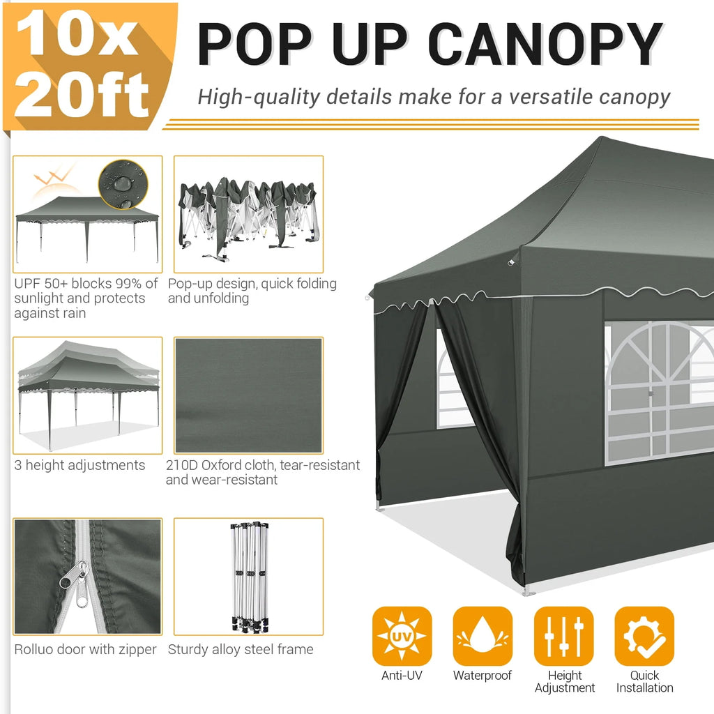 10'x 20' Pop up Canopy Tent with 6 Removable Side Walls Black K718