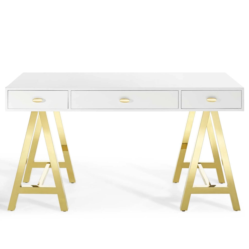 Wood Metal Gold White Computer Work Desk O40344