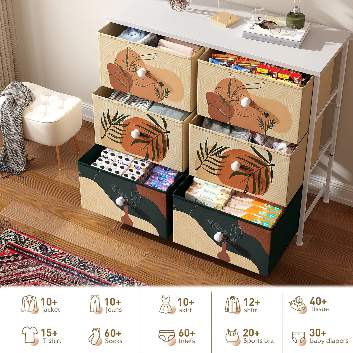 9 Drawer Dresser with Fabric Drawers & Wooden Top J605