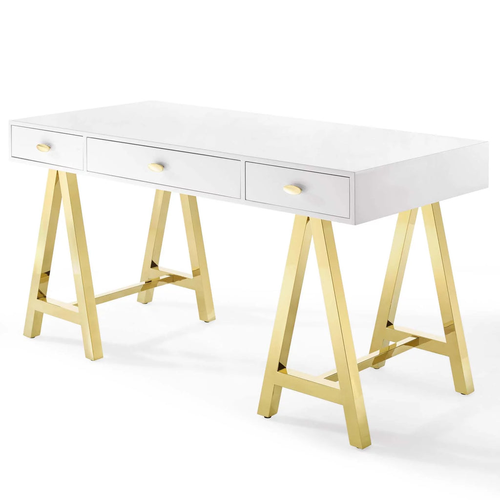 Wood Metal Gold White Computer Work Desk O40344