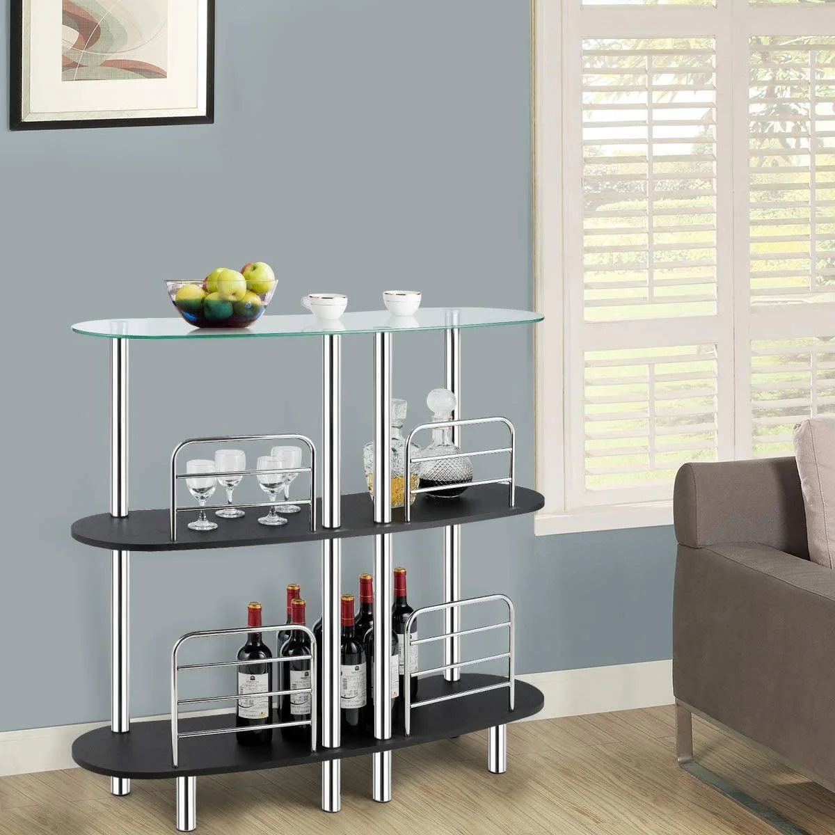 3-Tier Glass Liquor Bar Cabinet with Tempered Glass Counter Top C21696
