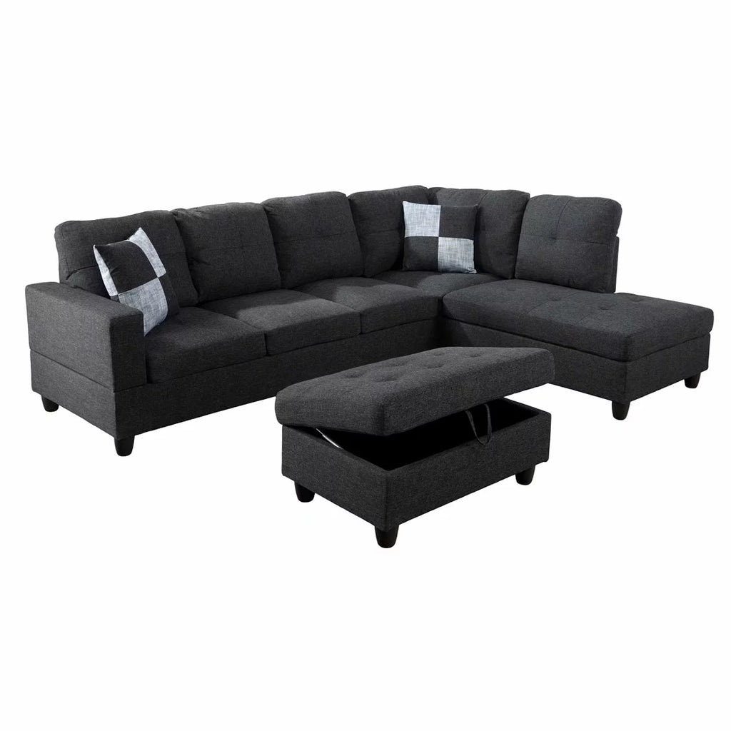 Black Grey 3PC Linen Sectional Sofa Set J715720