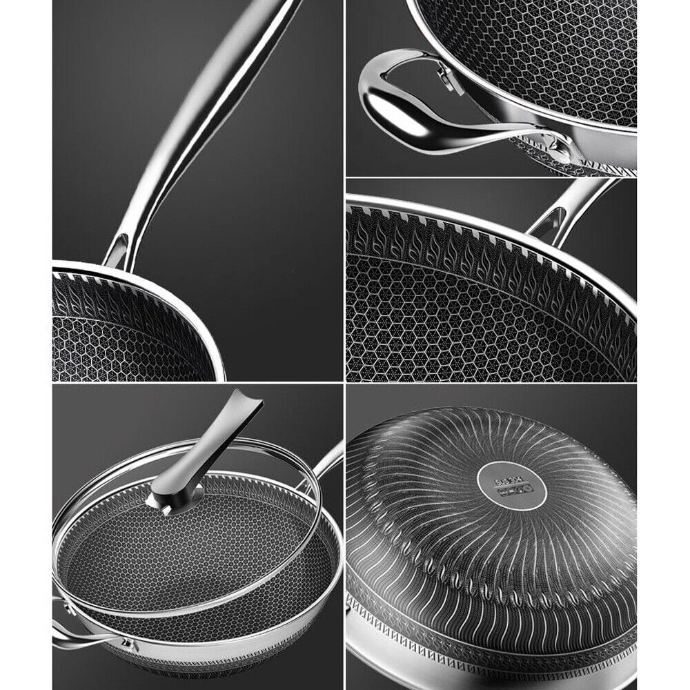 Non Stick Honeycomb Frying Wok Pan with Lid Stainless Steel Q481