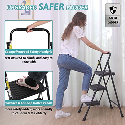 3 Step Folding Steel Step Ladder with Handgrip, 500 Lbs, Black K64997