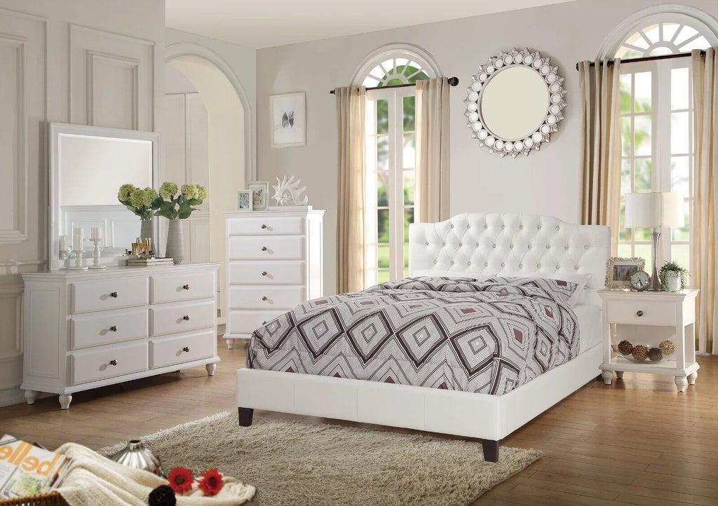 White Full Size 6pc Bedroom Furniture Set with Dresser Mirror Nightstand Chest and Tufted Headboard Y5690