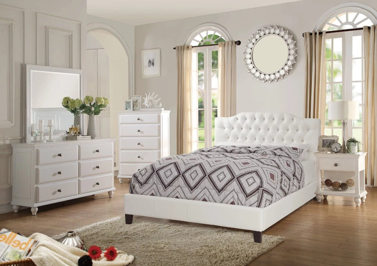 White Full Size 6pc Bedroom Furniture Set with Dresser Mirror Nightstand Chest and Tufted Headboard Y5690