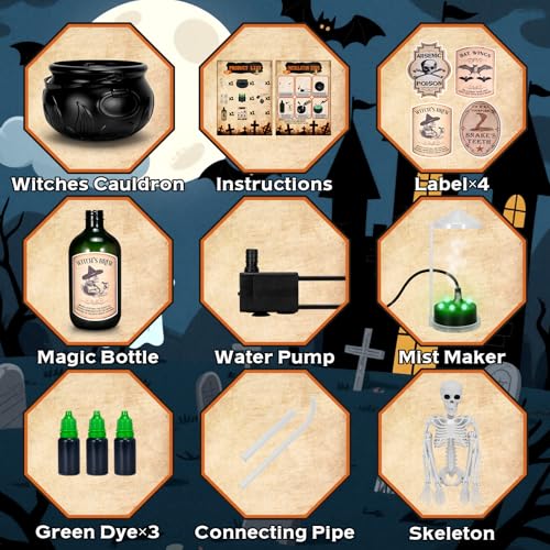Black Cauldron Halloween Decoration with Skeleton Potion Bottles Q839