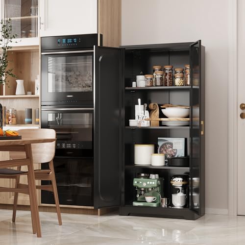 Black Metal Pantry Cabinet with Doors and 4 Adjustable Shelves Q417