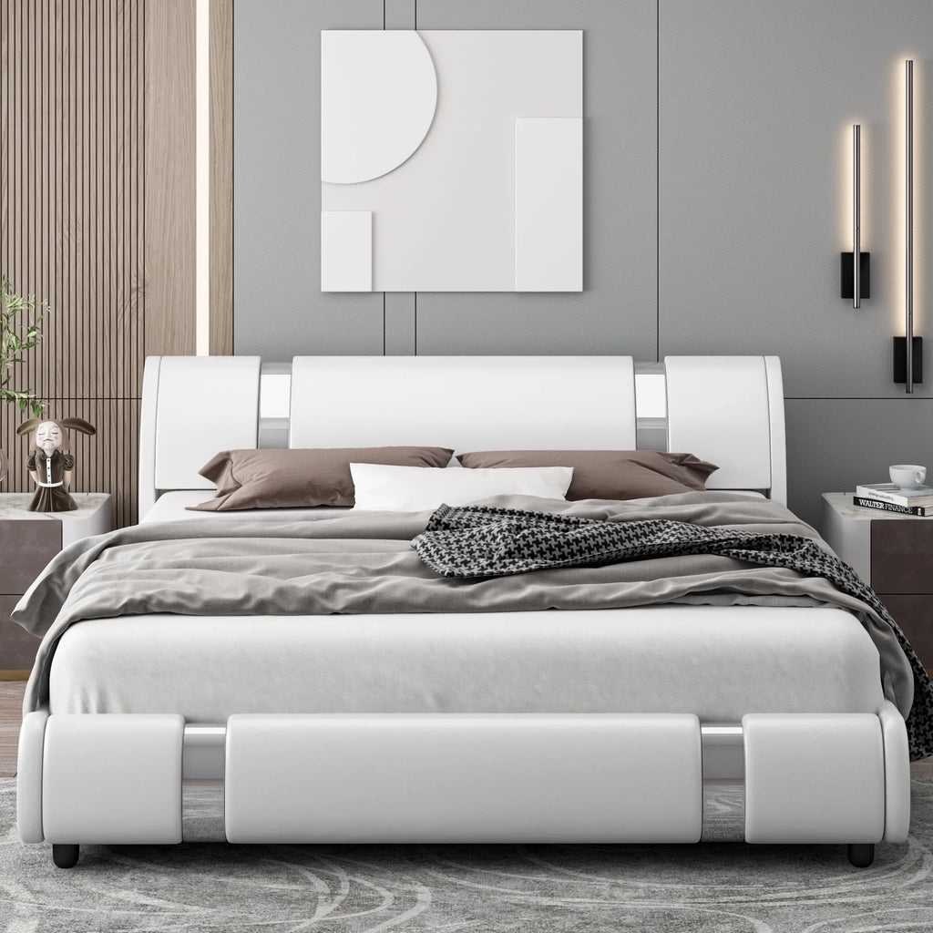 Full Size Leather Upholstered Platform Bed Frame with White Headboard K94384