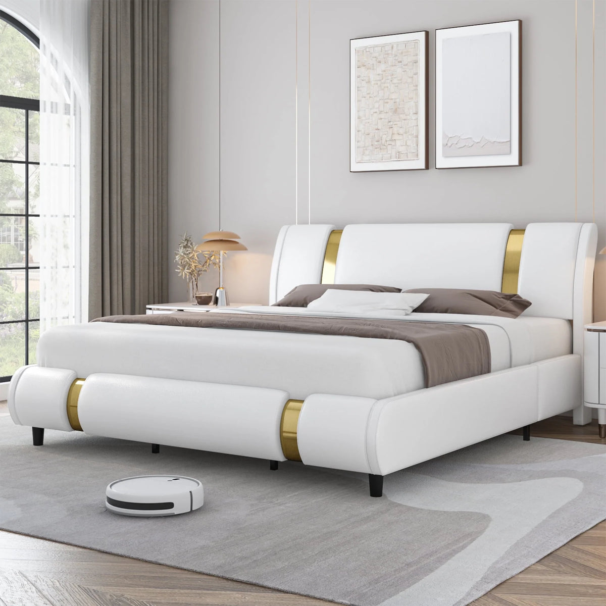 Full Size Leather Upholstered Platform Bed Frame with White Headboard K94384