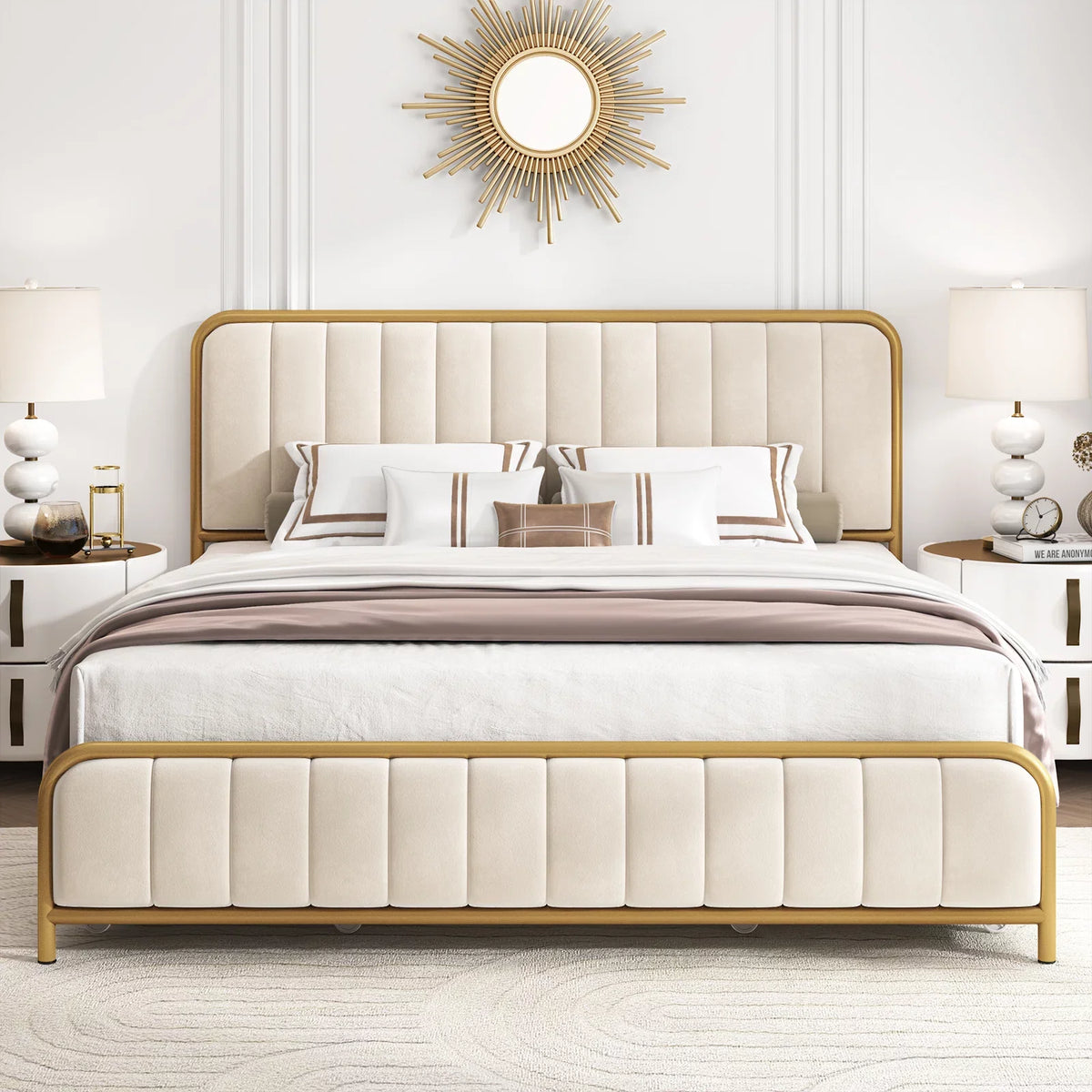 King Size 4 Drawer Gold Platform Bed with Tufted Headboard I992603