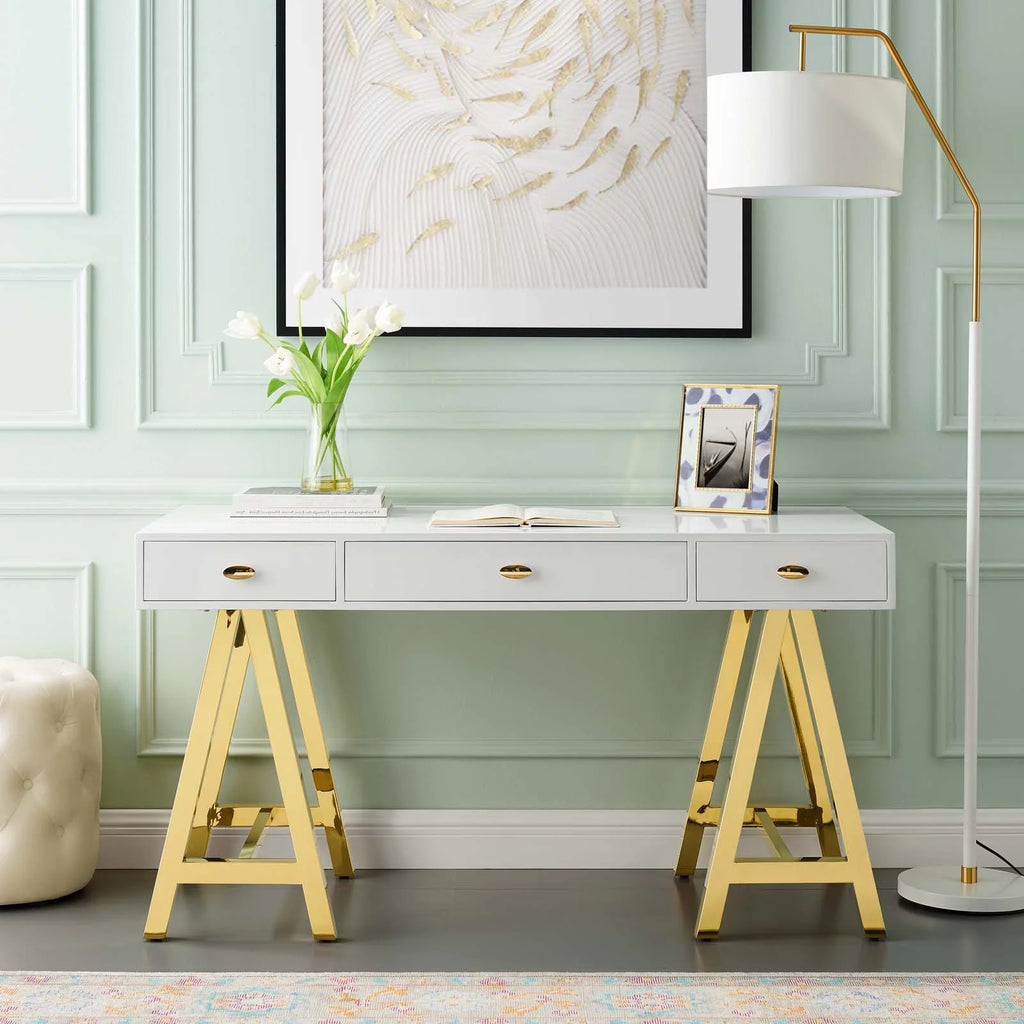 Wood Metal Gold White Computer Work Desk O40344