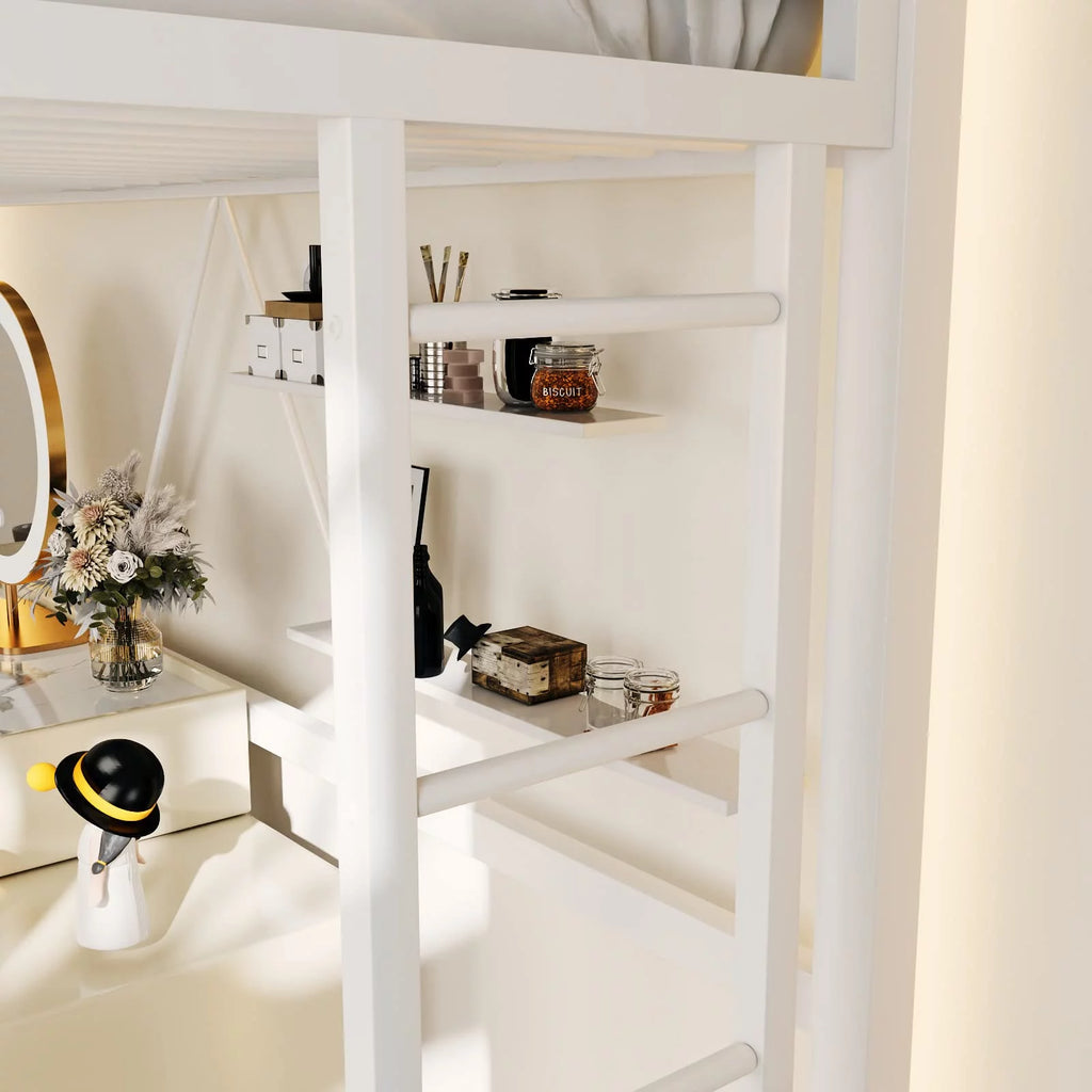 Twin Size White Loft Bed with Metal Ladder T181426