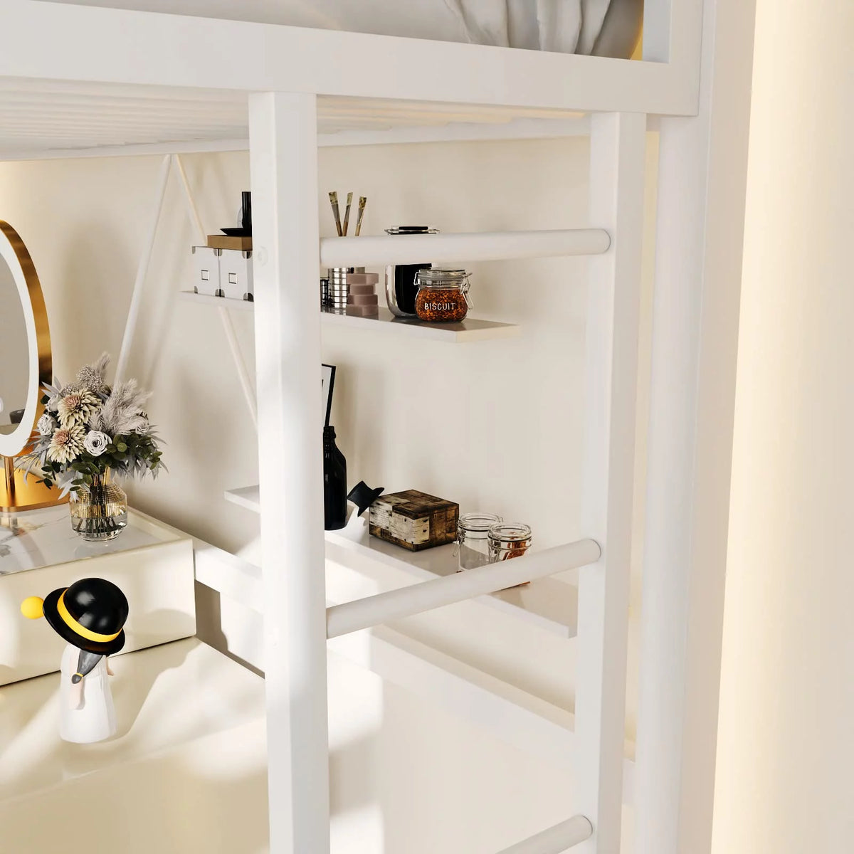 Twin Size White Loft Bed with Metal Ladder T181426