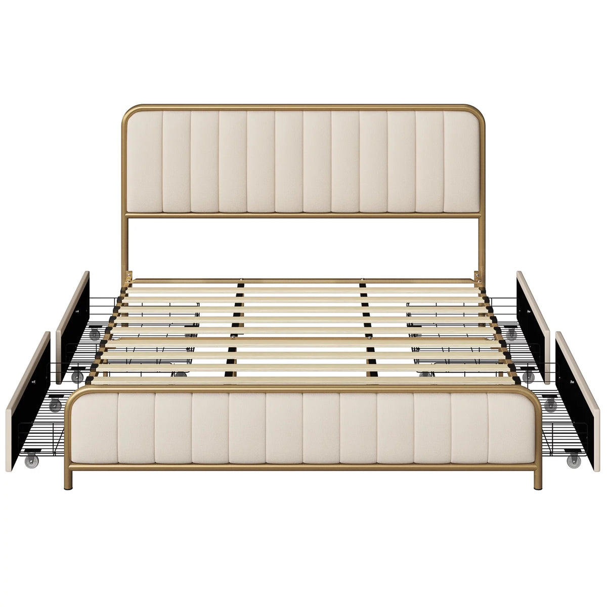 King Size 4 Drawer Gold Platform Bed with Tufted Headboard I992603