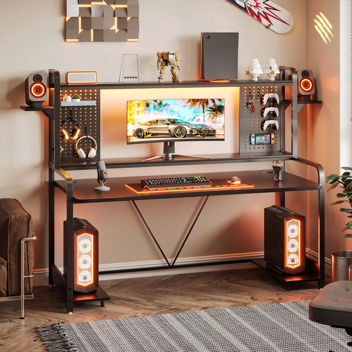 Black 55" Gaming Desk with LED Lights and Shelves E237