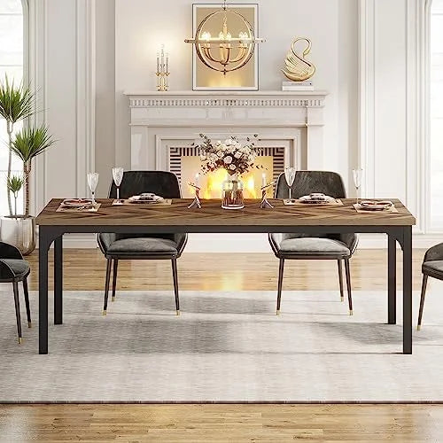 Brown 70.9 Inch Rectangular Wood Dining Table with Metal Legs R659