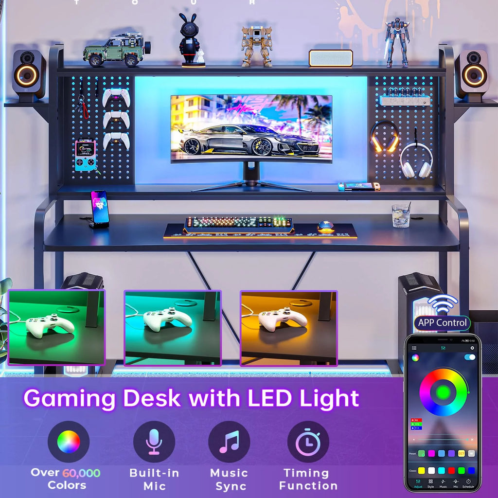 Black 55" Gaming Desk with LED Lights and Shelves E237