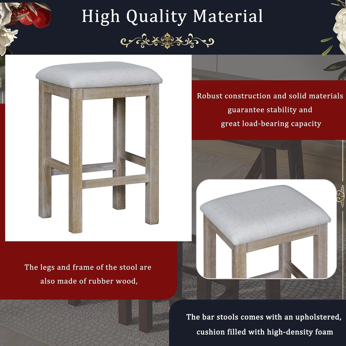 Natural Wood Wash Kitchen Bar Table Set with Upholstered Stools H71063