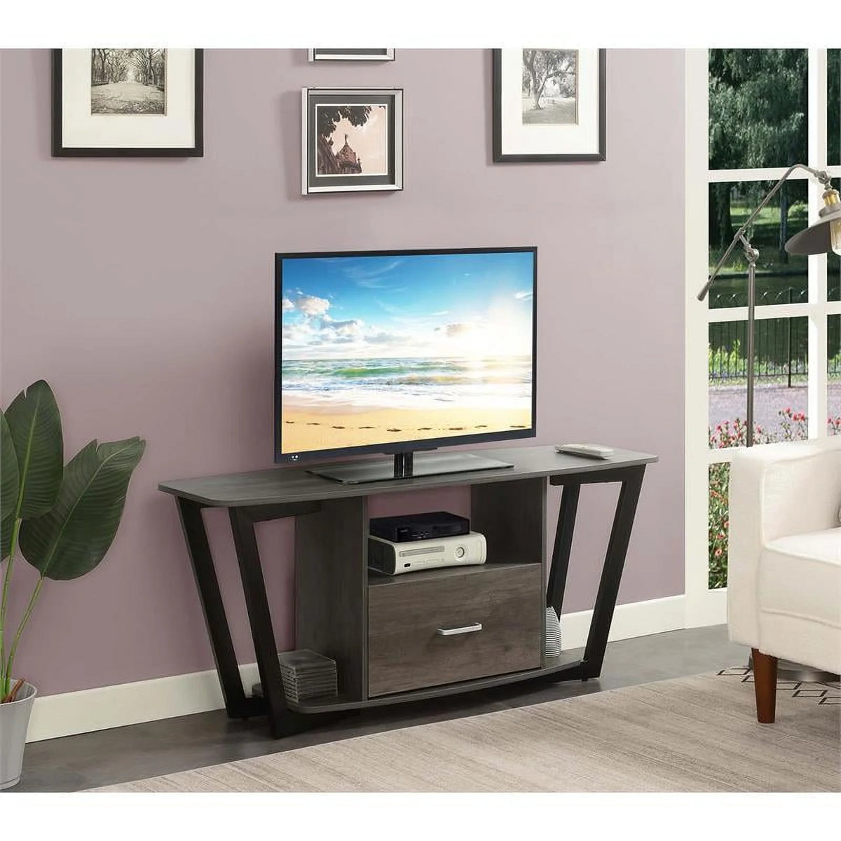 60-inch One-Drawer TV Stand with Shelves Gray Wood Finish W96152