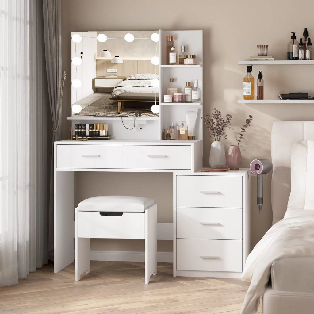 Modern Vanity Table Set with Lighted Mirror, 5 Drawer White G81404