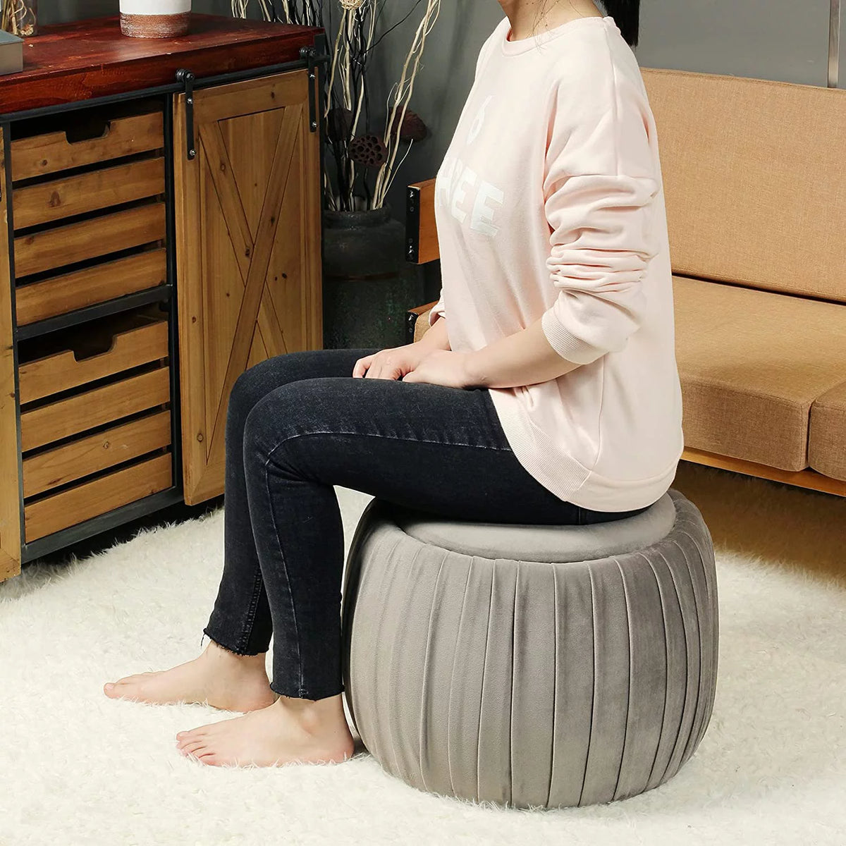 Grey Round Storage Ottoman Z9150
