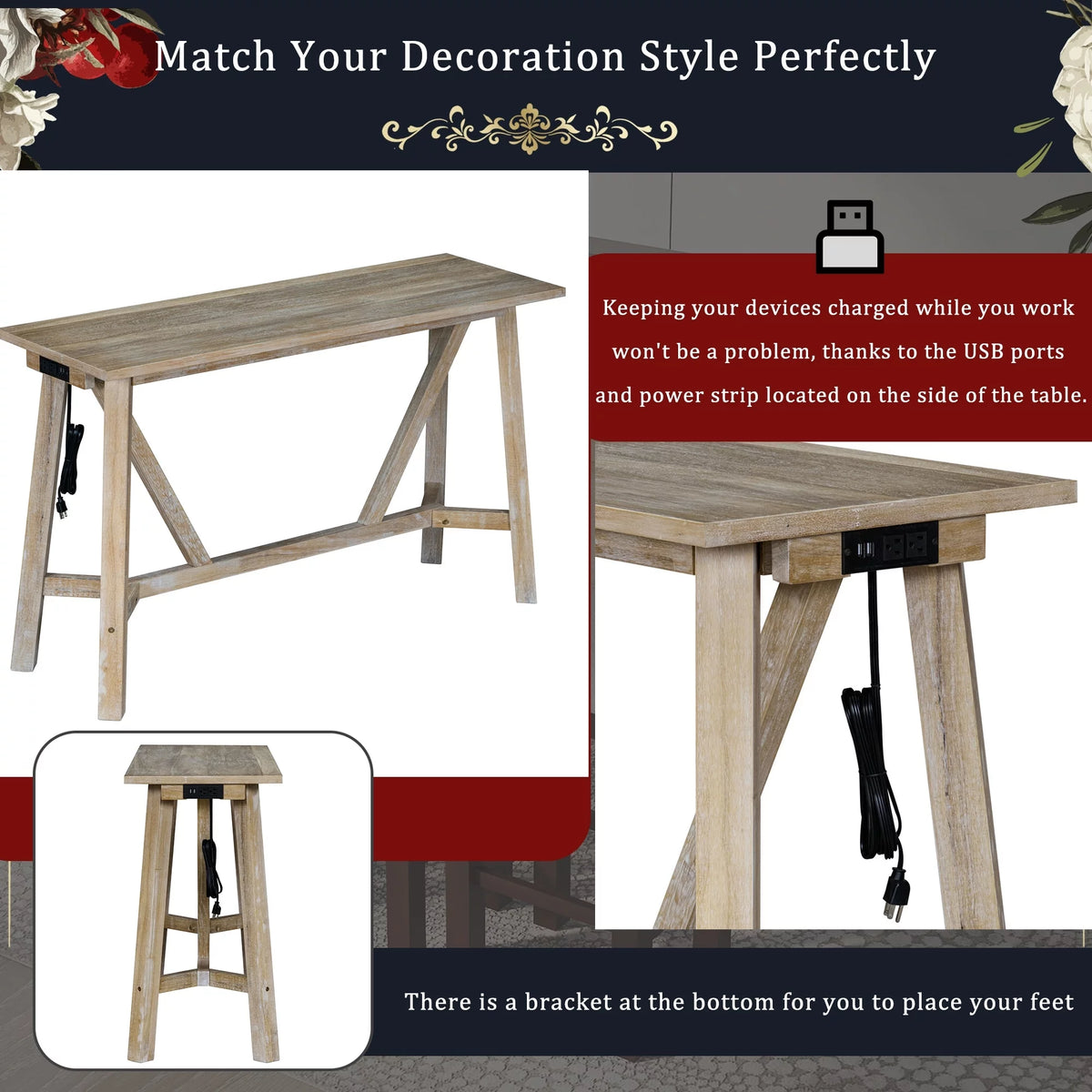 Natural Wood Wash Kitchen Bar Table Set with Upholstered Stools H71063